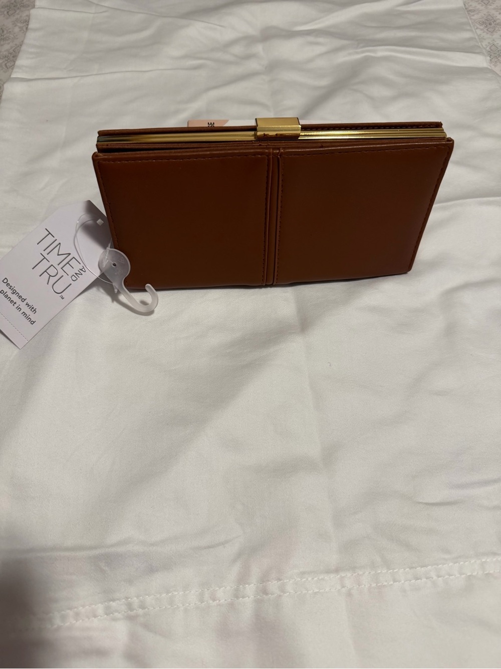 Time and Tru Brown Leatherette Clutch with Gold Frame